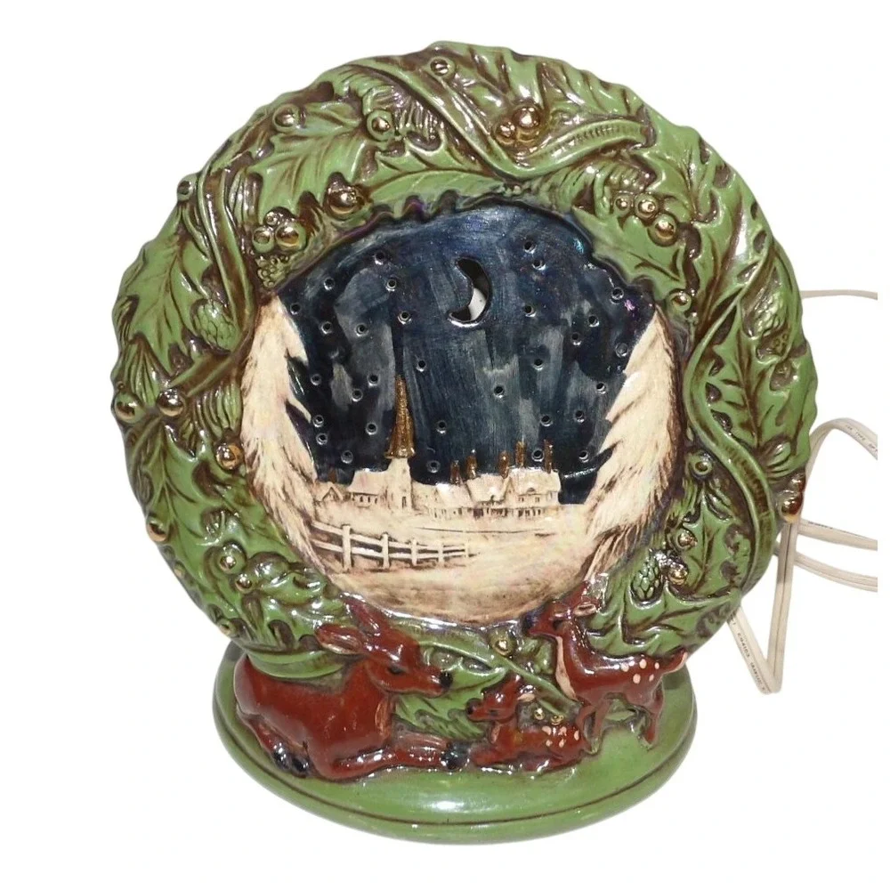 Vintage Ceramic Christmas Light Winter Village Reindeer Holly Wreath Table Decor